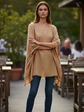 New Zara Tan Neutral Linen V-neck Pullover Poncho Ruana Fringe Top Size Med-Lg